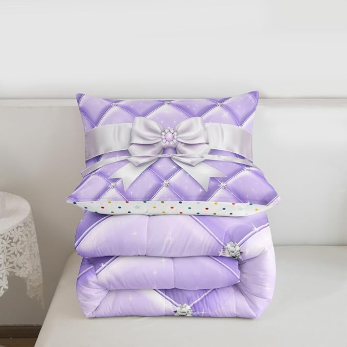 Feelyou Cute Purple Bow Kids Comforter Set King Size Glitter Bowknot Bedding Set Princess Duvet Quilt for Kids Boys Girls Bedroom Decor Microfiber Ultra Soft Breathable