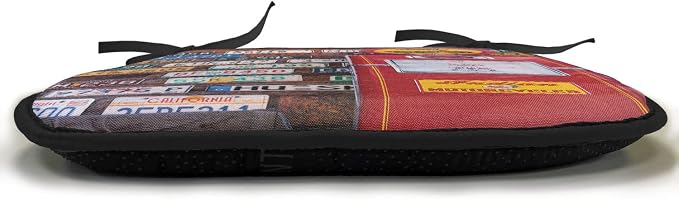 Lunarable Americana Chair Cushion Pads Set of 6, Various Old American License Plates Behind Antique Gas Pump in Rural Utah, Anti-Slip Seat Padding for Kitchen & Patio, 16"x16", Red Multicolor
