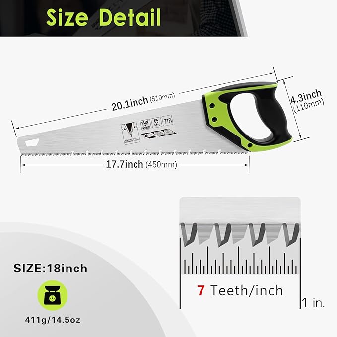18 Inch Wood Hand Saw, 7 TPI Universal Handsaw Non-slip Ergonomic Handle Rustproof Wood Saw with Chip Removal Design