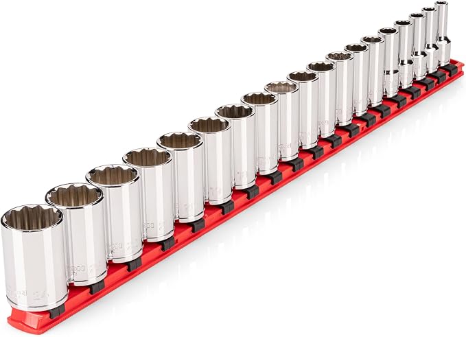 TEKTON 3/8 Inch Drive 12-Point Socket Set, 19-Piece | SHD91122 | (6 - 24 mm), Semi-Deep, Socket Rail