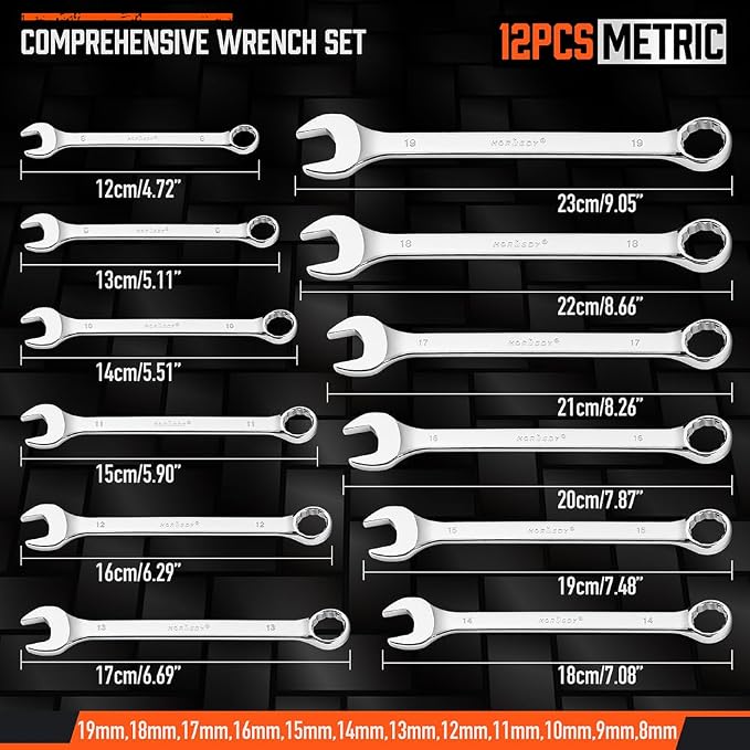 HORUSDY 12-Piece Metric Wrench Set | Combination Wrench Set with Organizer | 12 Point | 8mm - 19mm | Chrome Vanadium Steel