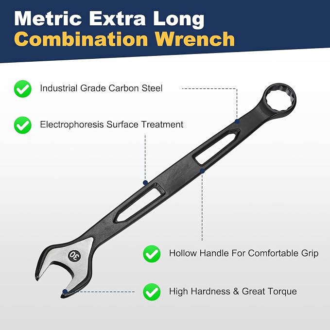 HARFINGTON 2pcs Combination Wrench 30mm Metric Extra Long 12-Point Box and Open End Carbon Steel Double Ended Industrial Grade Spanner for Automotive Furniture Machinery DIY Repair, Black