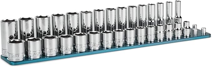 Capri Tools 3/8 in. Drive Master Chrome Socket Set, 6-Point, 8 to 22 mm, Shallow and Deep with Billet Aluminum Rail