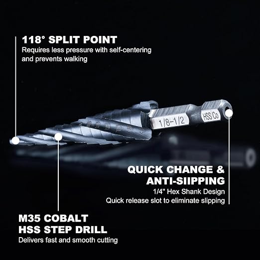 GRENPRO Step Drill Bit, 1/8"-1/2" Four Spiral Flute Cobalt Step Drill Bit, 1/4" Hex Shank Step Bit for Stainless Steel, Metal, Aluminum, Copper,Aluminum, Wood, PVC