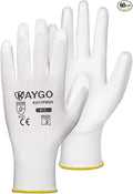 KAYGO Work Gloves for Men and Women, 60 Pairs Seamless Knit PU Coated Safety Gloves, with Smooth Grip on Palm and Fingers, Ideal for Light Warehouse, Manufacturing, Gardening, KG11P (M, White)