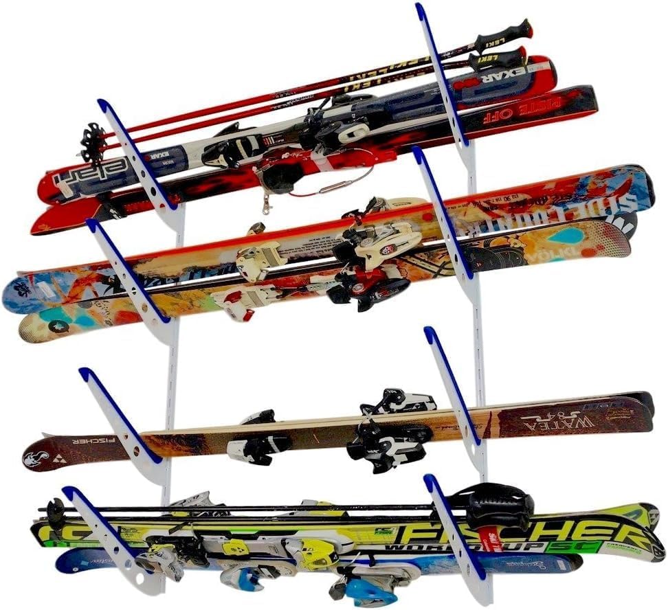 StoreYourBoard Ski Rack Wall Mount, Horizontal Ski Storage Rack for Garage, 4-Level Ski Wall Mount with Padded Arms, Ski Pole Holder, Ski Holders for Wall, Winter Gear Organizer, White, Holds 100 lbs