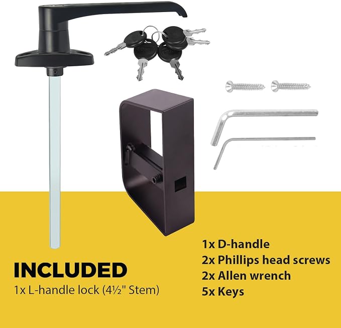 Shed Door L-Handle Lock Kit -Shed Door Latch with 4-1/2" Stem,Shed Door Lock Matching Set Includes 5 Keys for Sheds Doors, Playhouses, Chicken Coops,Camper, RV, Garage Door(Black).