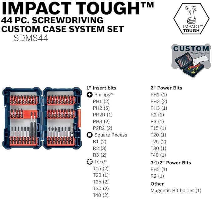 Bosch SDMS44 44-Piece Assorted Impact Tough Screwdriving Custom Case System Set for Screwdriving Applications