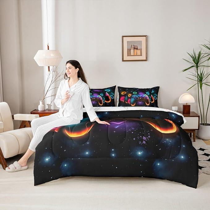 Game Consoles Gamer Bedding Set King Bed in a Bag 7 Piece Gamer Gifts,Gaming Comforter Sets for Boys Space Glow Geometric Kids Comforter Sets Boys Red Green Blue Teal,Gamer Room Decor for
