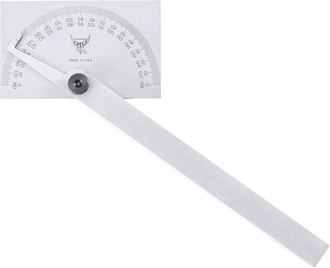 PEC Tools Stainless Steel Angle Protractor with Double Graduation - Ideal for Drawing Radial Lines, Setting Bevels, Transfer Angles, 6" Blade Length, 0-180 Range, Rectangular Head, Made in USA