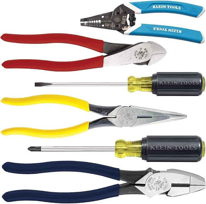 Klein Tools 80080 Hand Tool Kit: 2 Screwdrivers, 3 Pliers, Wire Stripper & Cutter for Electricians; Limited Warranty