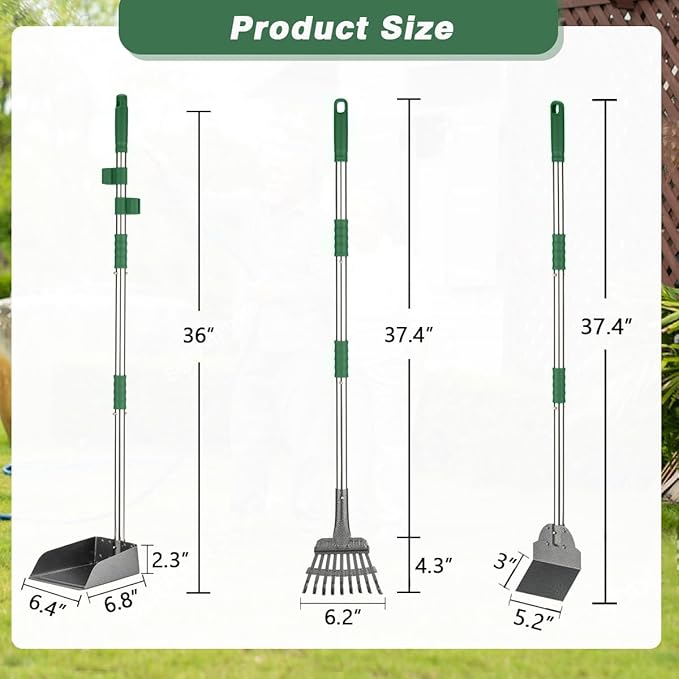 FUSBUNTY Pooper Scooper, Long Handle Dog Pooper Scooper, Heavy Duty Stainless Steel Rake with Tray & Spade Set for Pet Waste Removal, for Grass, Dirt or Gravel - Green