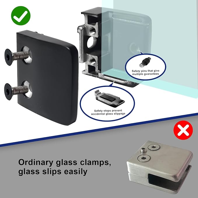4-Pack Square Glass Clamps, 304 SS, Black, 1/3-1/2 Inch (LIUCHONGYANG99)