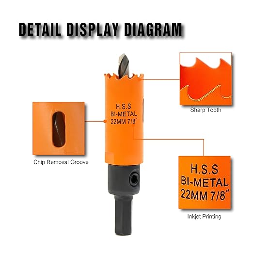 7/8 inch Hole Saw with Arbor for Cutting Metal Wood and Plastic, 22mm Bi-Metal Hole Cutter for Different Project with Smooth and Flat Drilling Edge, Fast Chip Removal, Handy Hole Saw Kit Set