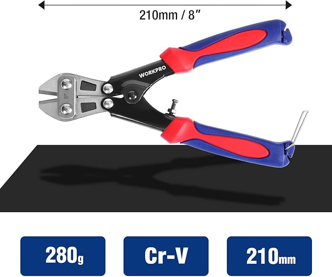 WORKPRO Mini Bolt Cutter 8-inch, Spring Loaded Small Heavy Duty Wire Cable Cutter, Snips Clippers with Soft Anti-Slip Handle