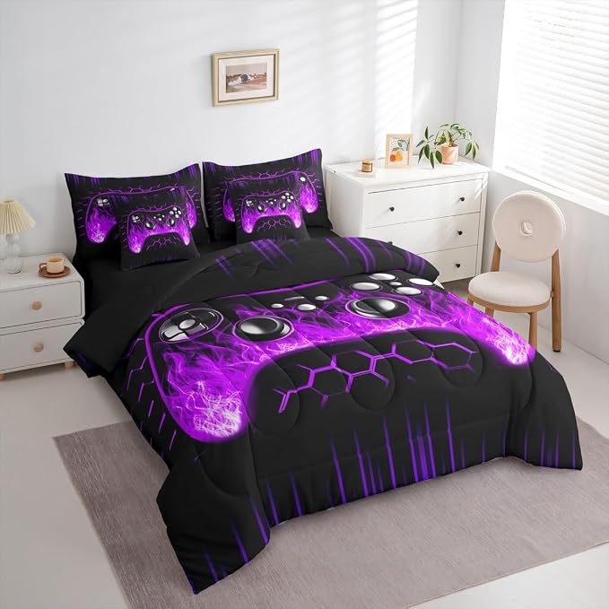 Erosebridal Boys Gaming Comforter Set 7 Piece Bed in a Bag Twin Ombre Art Honeycomb Bedding Set Purple Neon Lights Sheet Set Game Console Bed Set Geometric Hexagon Beehive Gaming Room Decor