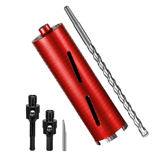 SALI Diamond Core Drill Bits 3" Diameter 10"/254mm Drilling Depth 5/8-11" Thread Core Bit Turbo Laser-Welded Segments for Cured Concrete with Brick Block Masonry with Two Adapters（Red）
