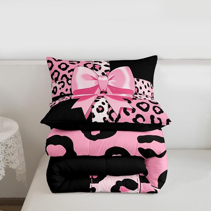Feelyou Leopard Print Comforter Set All Season Cute Cheetah Bow Bedding Set with 2 Pillow Cases Animal Fur Microfiber Kids King Bedclothes Bedroom Decor Duvet Quilt Breathable Soft Lightweight