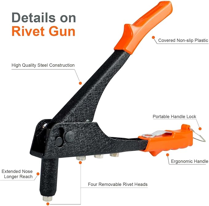 Rivet Gun, Manual Pop Rivet Gun with 4 Replaceable Nosepieces & 200 PCS Rivets, Hand Riveter for Automotive, Furniture, DIY & Metal Working