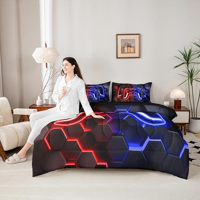 Erosebridal Gaming Full Size Bed Sheets and Comforter Set, Neon Honeycomb Gamer 7 Piece Bedding Set Retro Game Console Bed in a Bag, Red Blue Hexagon Lights Room Decor,Gaming Decor for Boys Bedroom