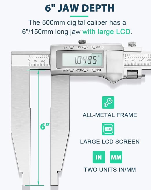 20 Inch Digital Caliper with 6" Long Jaw All-Metal Frame | 0.0005"/0.01mm Inch High Resolution, Large LCD Display, Inch Metric Conversion, Fine Polished Finish, Portable Case