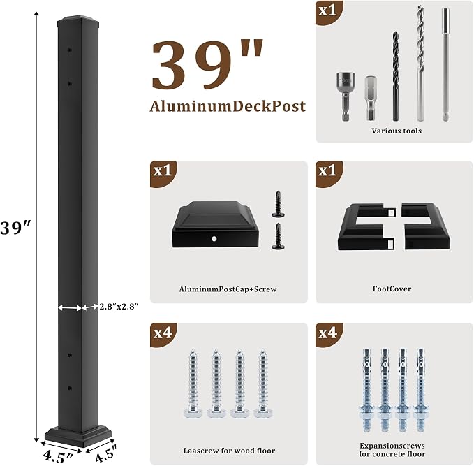 Metty Metal Deck Post,2.76 in. x 2.76 in. x 39 in Perpendicular Adjacent Two Side Pre-Drilled 90 Degree Railing Corner Post, Ending Support Post