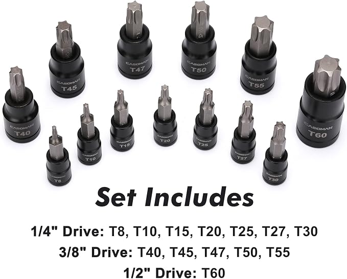 CASOMAN 25 Piece Torx Bit Socket and External Socket Set, 13 Star Socket Bits (T8- T60)& 12 Female E-Torx Sockets (E4-E22)
