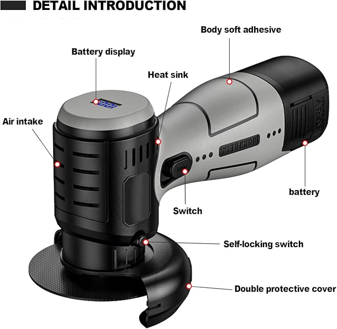 ZFULVO Brushless Cordless Angle Grinder Kit, 19500rpm Mini Electric Angle Grinding Tool with 2x16.8V 2000mAh Battery and 6-Cutting Discs, Grinder Handheld Cutter for Metal Wood