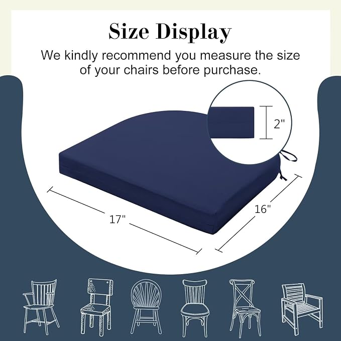 Cozyide Outdoor Chair Cushions, Waterproof Patio Seat Cushions with Adjustable Straps, Round Corner Patio Chair Cushions for Garden, Navy, 17x16x2 Inch (Pack of 2)