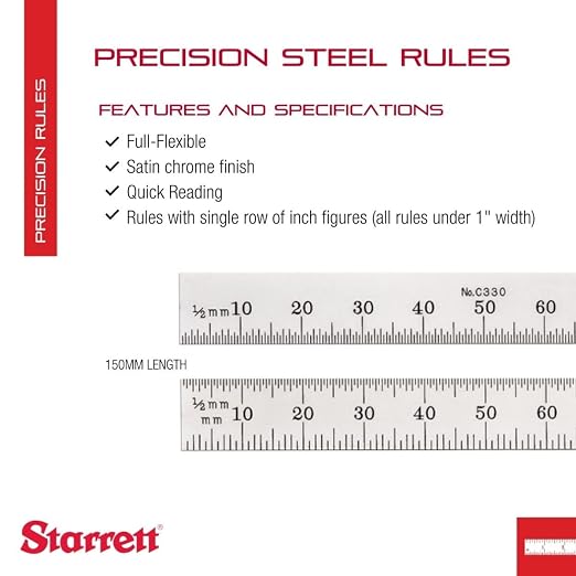 Starrett Full Flexible Steel Rule with Satin Chrome Finish, Quick Reading, and Millimeter Graduation - 30 Graduation, 150mm Length, 0.4mm Thickness - C330-150
