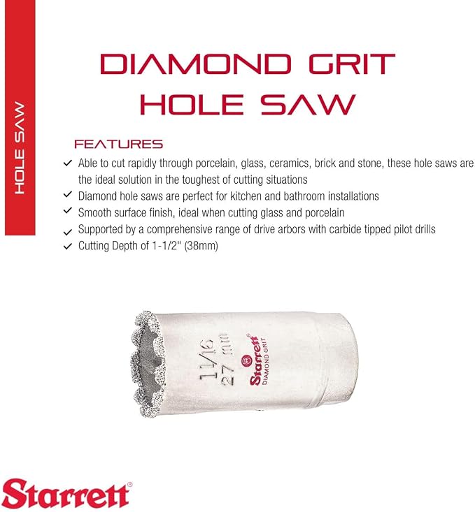 Starrett Diamond Grit Hole Saw, 1-1/16" Dia, 1-5/8 in Cutting Depth | Ideal For Drilling Small Diameter Holes, 1/2-20 Thread Size, XA1 Arbor, Silver Finish, KD0116-N
