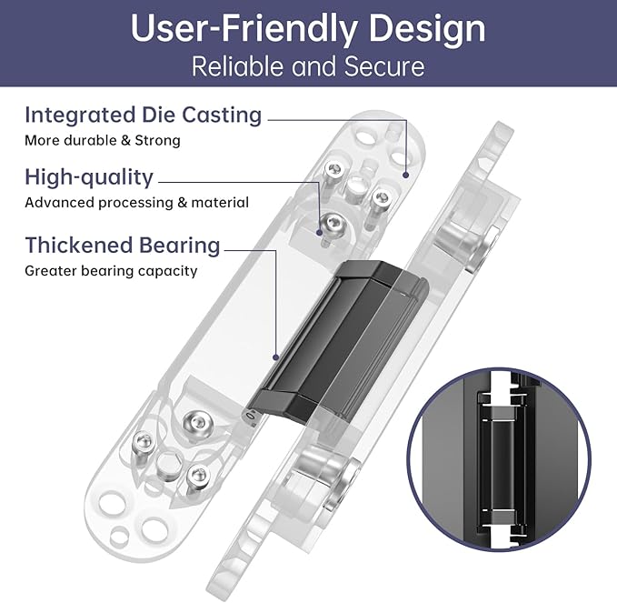 6" Hidden Hinges for Doors Invisible Hinge Concealed Hinges Zinc Alloy 180 Degree Swing Hinge 3 Way Adjustable Butt Silent Door Hinges 6 x 2.5 x 1 inch (Black Pack of 2)