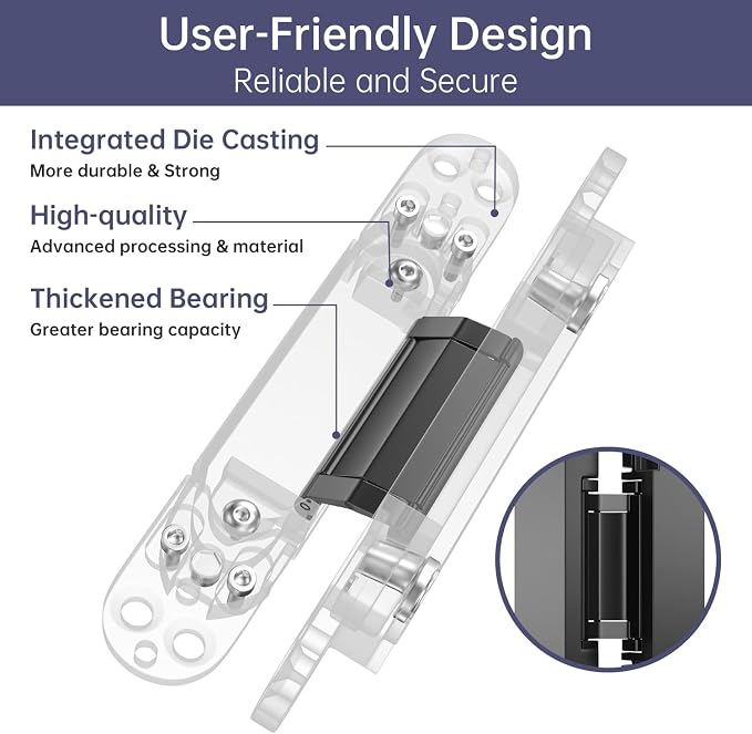 4-Pack 6 inch Hinge for Doors Invisible Hinges Concealed Hinges Zinc Alloy 180 Degree Swing Hinge 3 Way Adjustable Butt Silent Door Hinge 6 x 2.5 x 1 inch (Black)