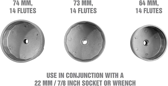 OEMTOOLS 25409 Oil Filter Cap Wrench Set, Fits Filters 64 mm, 73 mm, and 74 mm, 14 Flute Oil Filter Wrench Set, Oil Filter Removal Tool Compatible with 22 mm or 7/8" Drive Tools