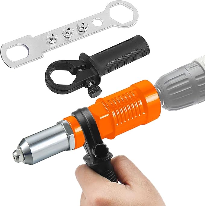 JONMON Electric Rivet Gun Adapter - Cordless Drill Metal Riveter-Blind Riveting Rivet Insert Nut Attachment Power Tool Kit with 3 Rivet Convertible Heads and Handle Wrench