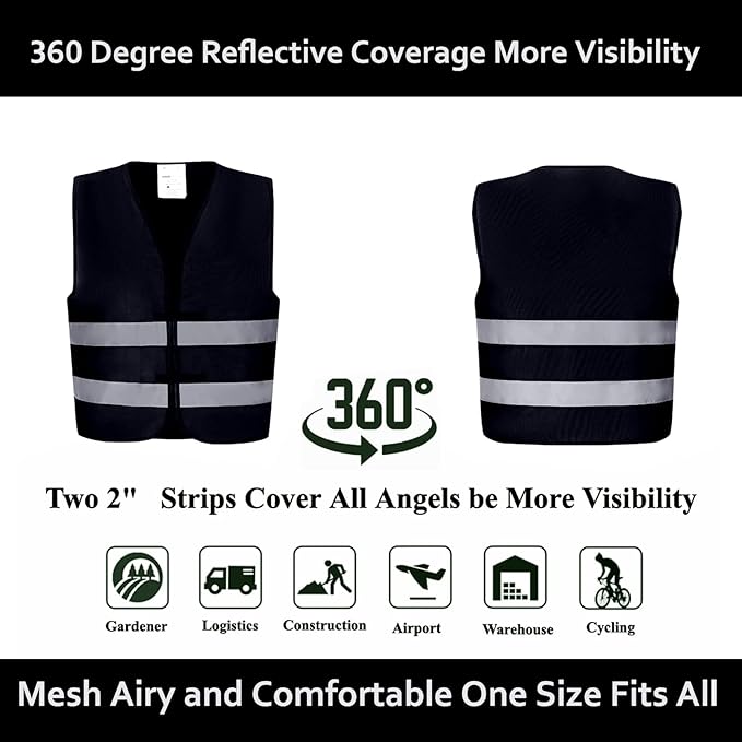 Black Safety Vests 10 Pack - Reflective High Visibility Construction ANSI Class 2 Work Vests for Men,Woman,Hi Vis Mesh and Neon Silver Strip