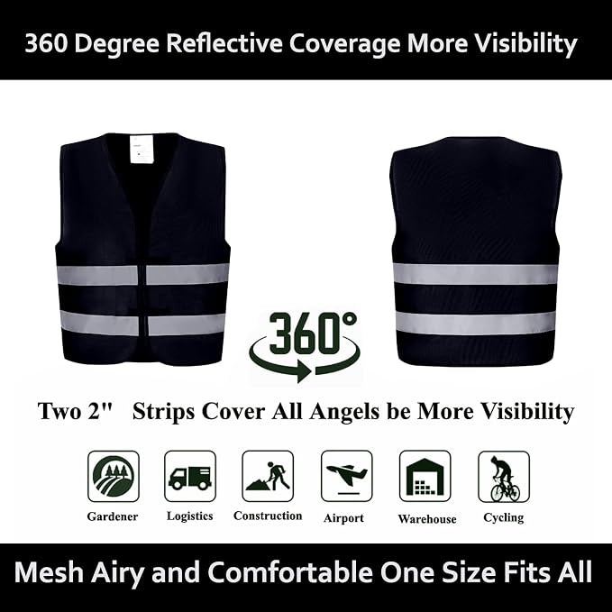 Black Safety Vests 20 Pack - Reflective High Visibility Construction ANSI Class 2 Work Vests for Men,Woman,Hi Vis Mesh and Neon Silver Strip