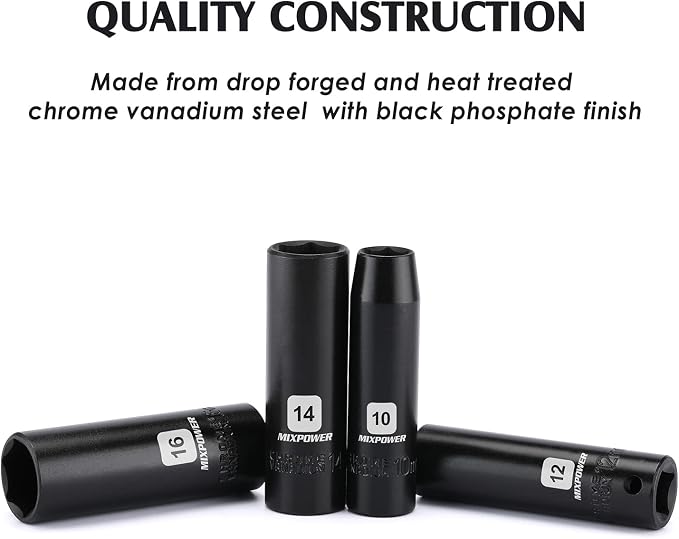 MIXPOWER 13 Pieces 3/8-Inch Drive Deep Impact Socket Set, 7mm to 19mm, CR-V, Metric, 6 Point, Deep, 13 Pieces 3/8" Dr. Socket