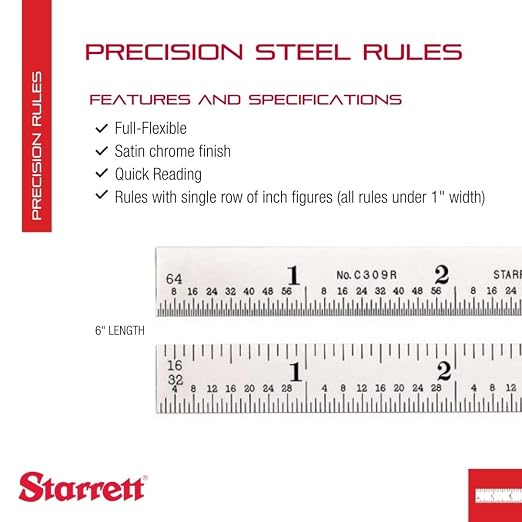 Starrett Full Flexible Steel Rule with Satin Chrome Finish, Quick Reading, and Inch Graduation - 9R Graduation, 6" Length, 1/64" Thickness - C309R-6