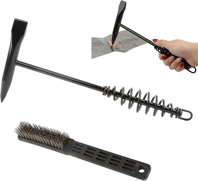 Welding Chipping Hammer and Wire Brush Set, 10.5" Welding Hammer with Spring Handle and 7.87" Steel Bristle Brush, Welding-Tools for Slag, Spatter, Residue Removal(COLOR:Black)