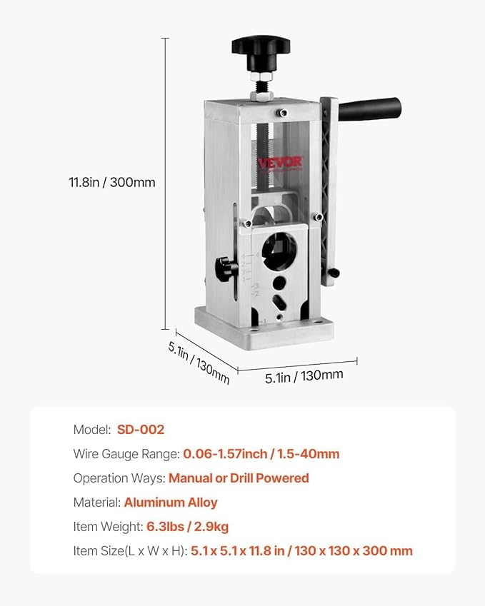 VEVOR Manual Wire Stripping Machine, 0.06''-1.5'' Copper Stripper with Hand Crank or Drill Powered, Visible Stripping Depth Reference, Portable Aluminum Frame Wire Peeler for Scrap Copper Recycling