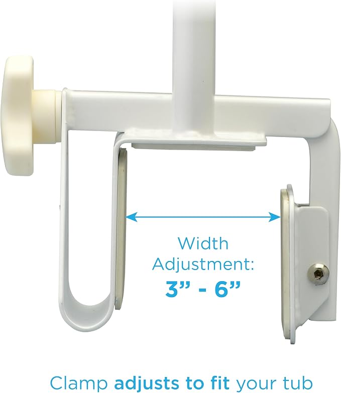 Bathtub Safety Rail Grab Bar – Tool-Free Clamp-On Tub Rail for Seniors & Mobility Support, No Assembly Required, Adjustable 3”–7” Fit, Steel Rust-Resistant, White