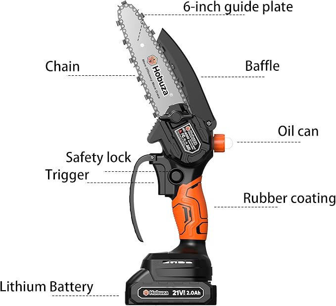 HOBUZA 6 Inch Brushless Mini Chainsaw, Lightweight One-Hand Saw for Pruning | 880W Brushless, Lightweight 1-Handed & Women-Friendly, 2x2.0Ah Batteries 4-6H Runtime, Auto Oiler, Safety Lock for Tree Work