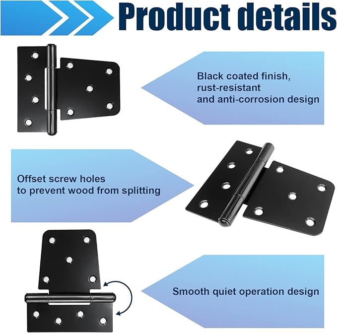 Heavy Duty Gate Hinges - 4 Pack, Black Iron 3.5 Inch Hinges for Wood Shed, Barn Door, Fence Gate Swing (Screws Included)