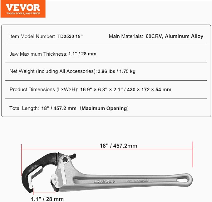 VEVOR Pipe Wrench, 18" Aluminum Straight Pipe Wrench, Automatic Jaw Adjustment, Adjustable Plumbing Wrench, Easy to Carry, Ergonomic Handle, Hangable Design, for Water Pipes, Automotive Repairs