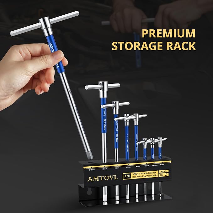 AMTOVL T-Handle Hex Allen Wrench Set - Metric, 8 Pcs 2mm-10mm | 3 Way T-Handle Allen Key Set Sliding Handle, Chrome Vanadium Steel, with Carry Box, for DIY Mechanicsand Bicycle Enthusiasts