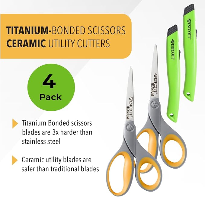 Westcott 2 Titanium Bonded Scissors and 2 Ceramic Utility Cutters, 4-Pack