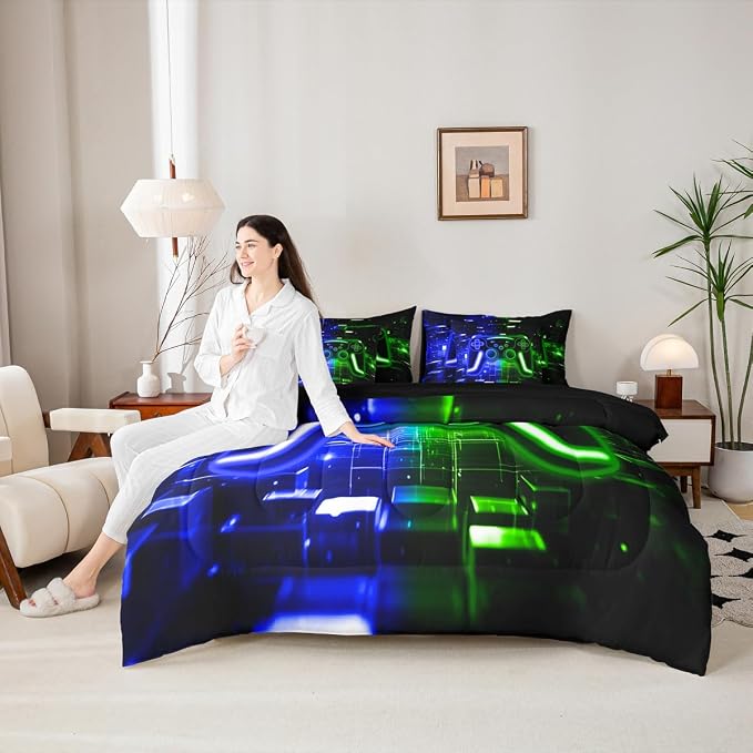 Gaming Queen Comforter Set with Sheets, Gamer 7-Piece Bedding Set Neon Lights Video Game Consoles Bed in a Bag, Blue Green Brick Cube Room Decor,Video Game Decor