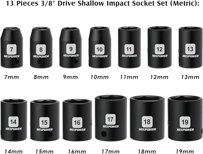 MIXPOWER 13 Pieces 3/8-Inch Drive Shallow Impact Socket Set, 7mm to 19mm, CR-V, Metric, 6 Point, Shallow, 13 Pieces 3/8" Dr. Socket