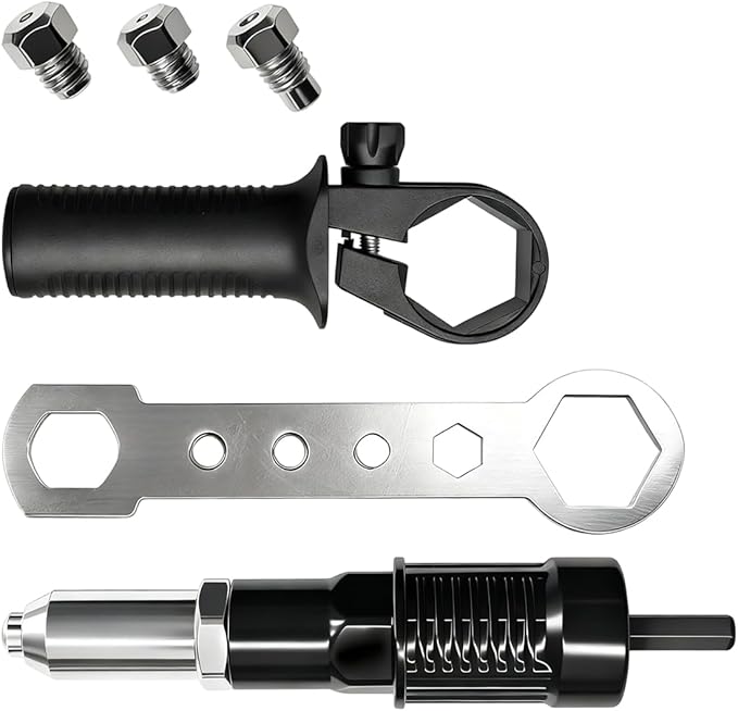 Pop Rivet Gun Adapter Kit, Universal Alloy Steel Riveting Hand Tool with 4 Size Rivet Heads, Rivets Drill Attachment for Cordless Electric Power Drill (Black)